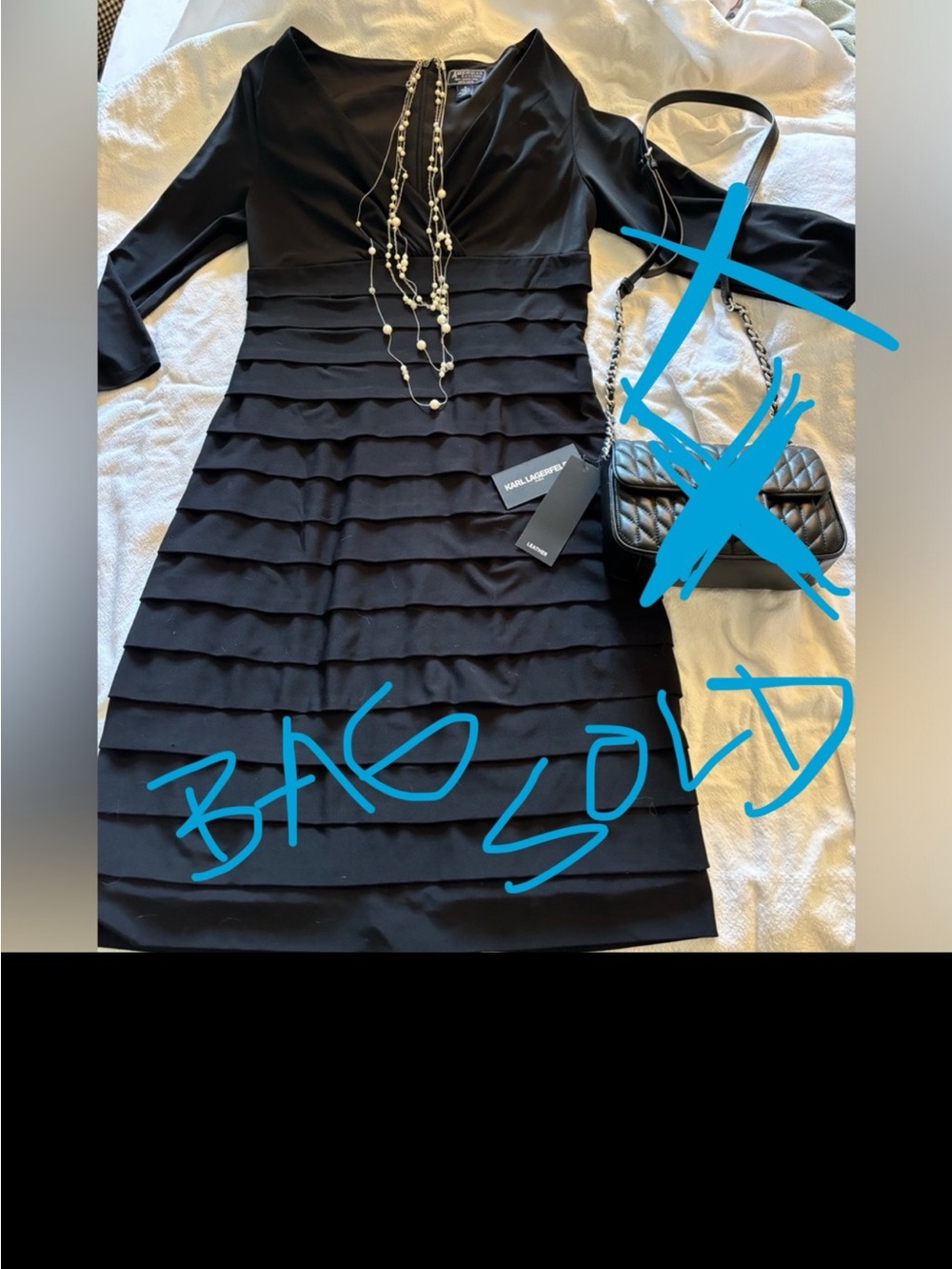 OUTFITS TO GO, Black Cocktail Dress with 2 Pearl Necklaces